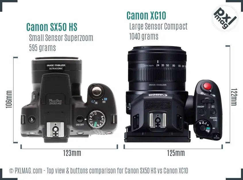 Canon SX50 HS vs Canon XC10 top view buttons comparison