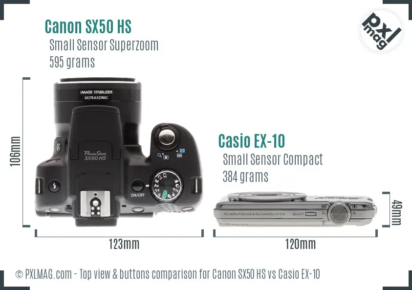 Canon SX50 HS vs Casio EX-10 top view buttons comparison Canon SX50 HS vs Casio EX-10 top view buttons comparison