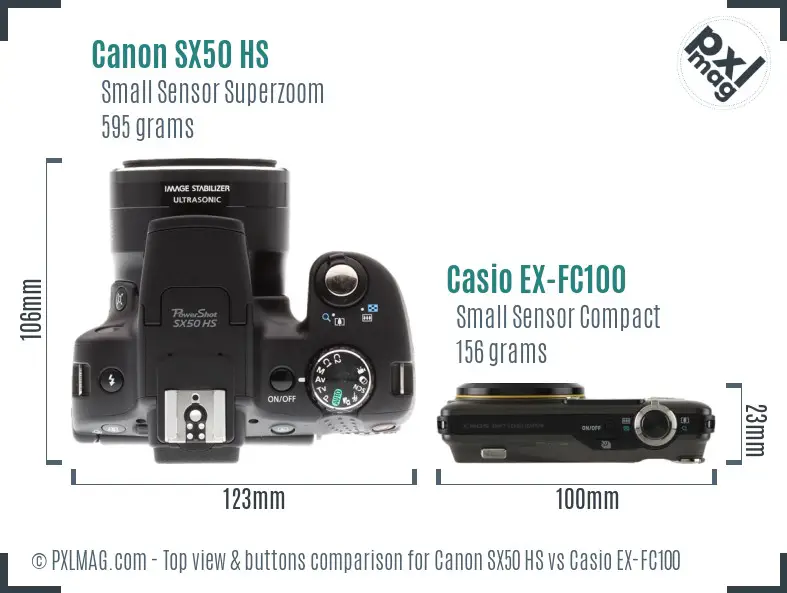 Canon SX50 HS vs Casio EX-FC100 top view buttons comparison