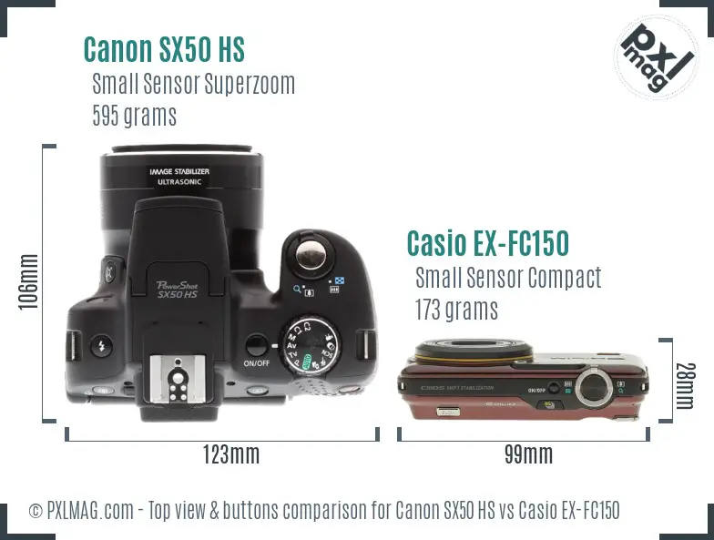 Canon SX50 HS vs Casio EX-FC150 top view buttons comparison