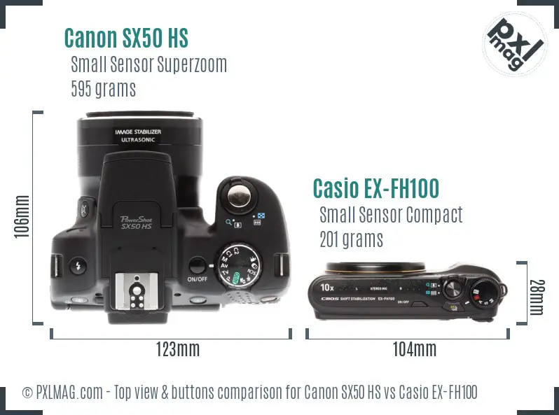 Canon SX50 HS vs Casio EX-FH100 top view buttons comparison Canon SX50 HS vs Casio EX-FH100 top view buttons comparison