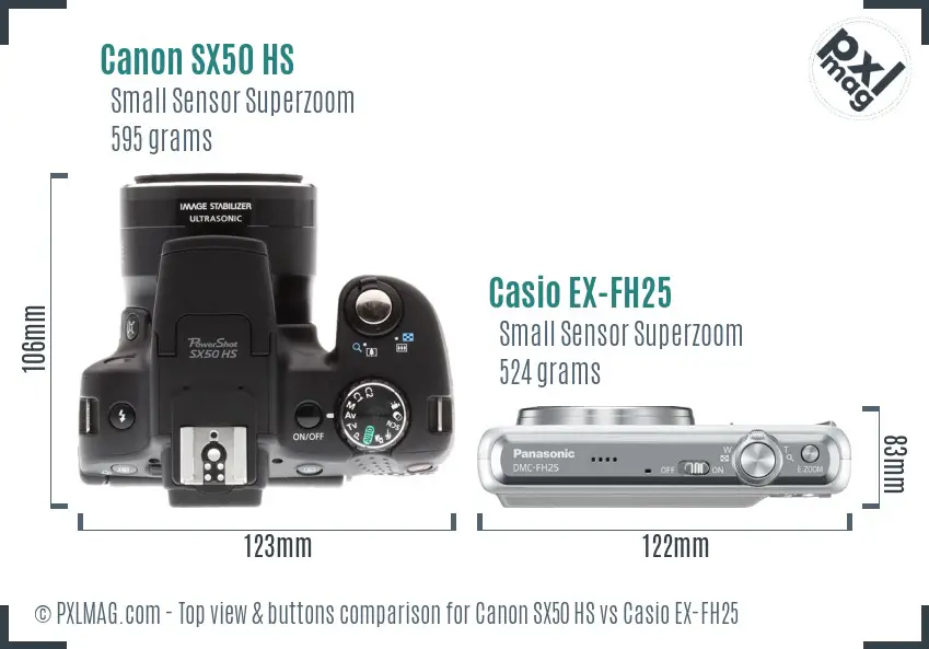 Canon SX50 HS vs Casio EX-FH25 top view buttons comparison