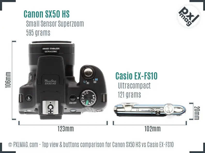 Canon SX50 HS vs Casio EX-FS10 top view buttons comparison