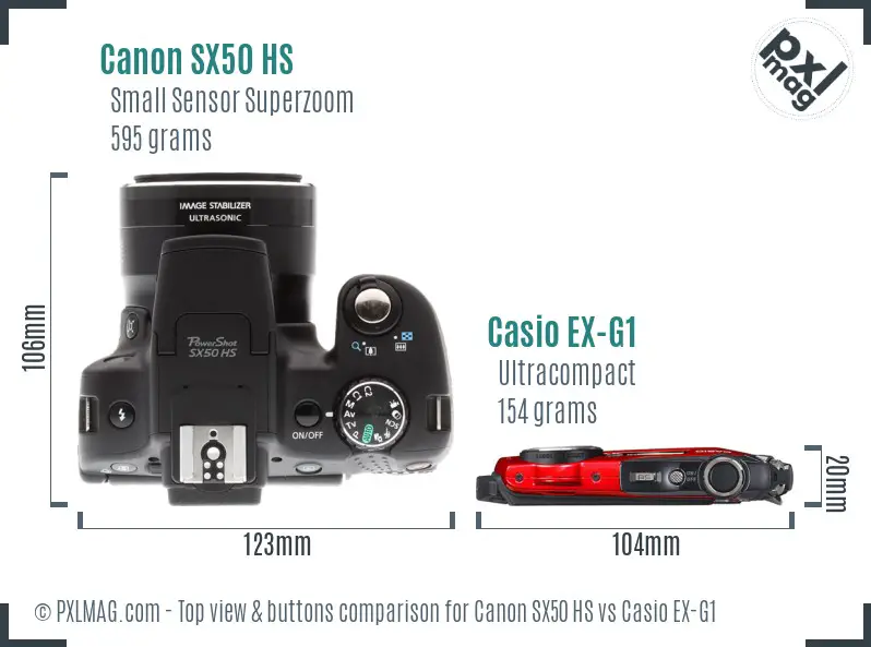 Canon SX50 HS vs Casio EX-G1 top view buttons comparison