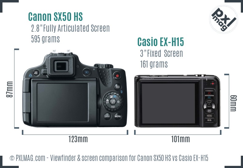 Canon SX50 HS vs Casio EX-H15 Screen and Viewfinder comparison
