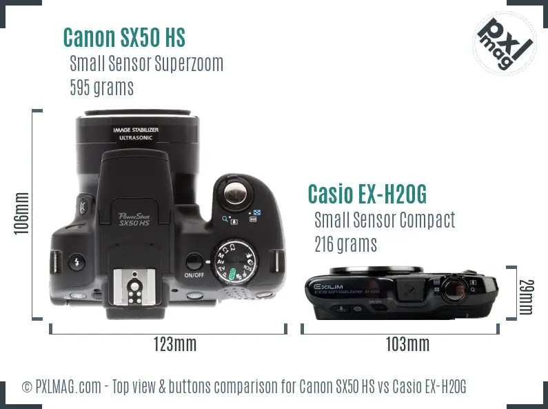 Canon SX50 HS vs Casio EX-H20G top view buttons comparison Canon SX50 HS vs Casio EX-H20G top view buttons comparison