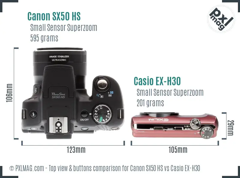 Canon SX50 HS vs Casio EX-H30 top view buttons comparison