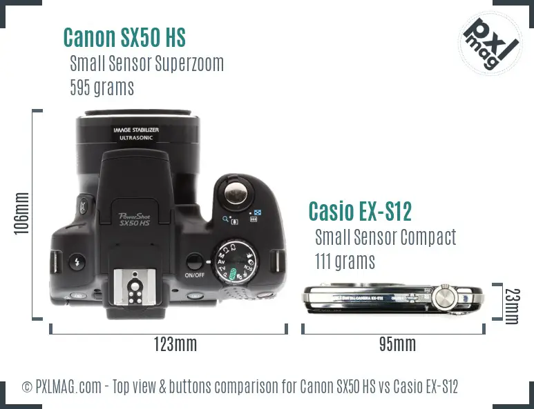 Canon SX50 HS vs Casio EX-S12 top view buttons comparison