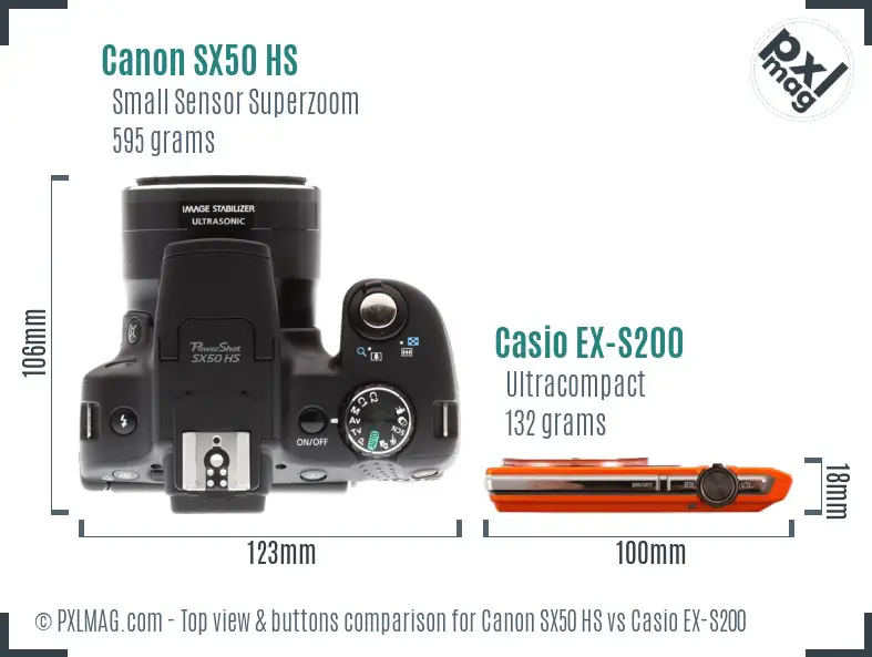 Canon SX50 HS vs Casio EX-S200 top view buttons comparison