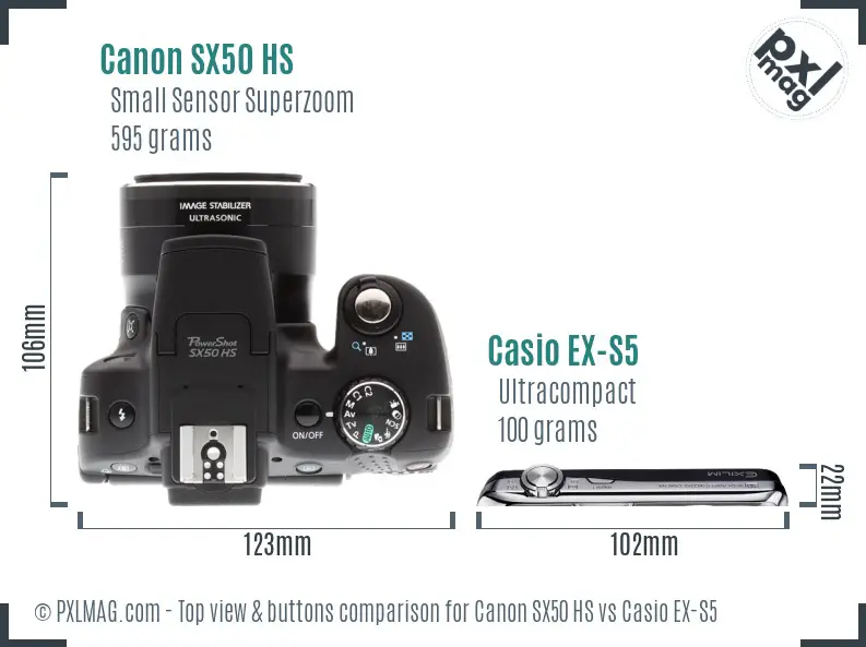 Canon SX50 HS vs Casio EX-S5 top view buttons comparison