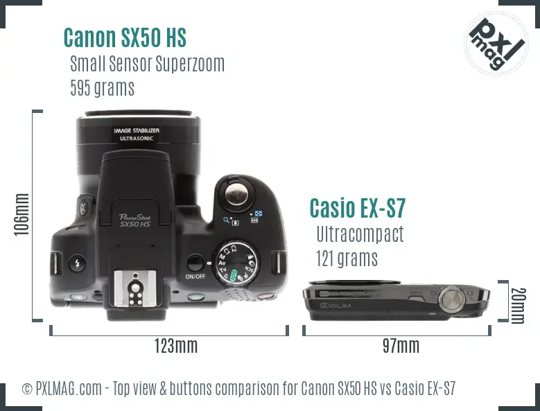 Canon SX50 HS vs Casio EX-S7 top view buttons comparison