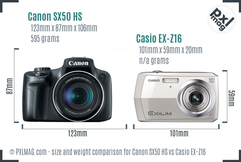 Canon SX50 HS vs Casio EX-Z16 size comparison