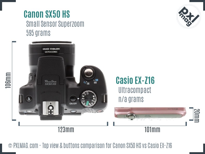 Canon SX50 HS vs Casio EX-Z16 top view buttons comparison