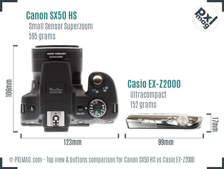 Canon SX50 HS vs Casio EX-Z2000 top view buttons comparison