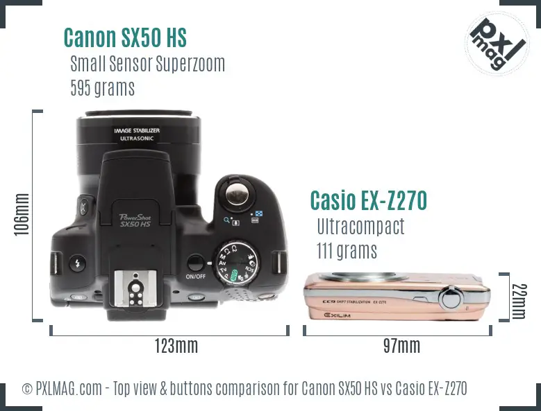 Canon SX50 HS vs Casio EX-Z270 top view buttons comparison Canon SX50 HS vs Casio EX-Z270 top view buttons comparison