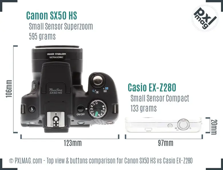 Canon SX50 HS vs Casio EX-Z280 top view buttons comparison