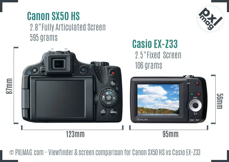 Canon SX50 HS vs Casio EX-Z33 Screen and Viewfinder comparison