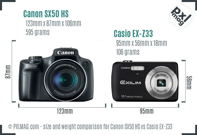 Canon SX50 HS vs Casio EX-Z33 size comparison