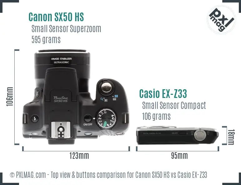 Canon SX50 HS vs Casio EX-Z33 top view buttons comparison