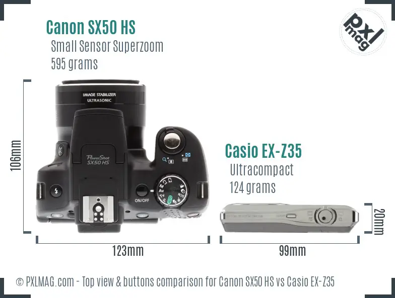 Canon SX50 HS vs Casio EX-Z35 top view buttons comparison