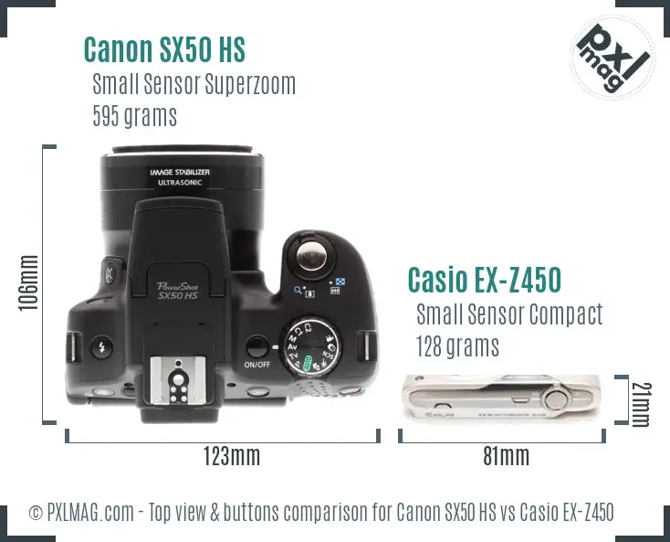 Canon SX50 HS vs Casio EX-Z450 top view buttons comparison Canon SX50 HS vs Casio EX-Z450 top view buttons comparison
