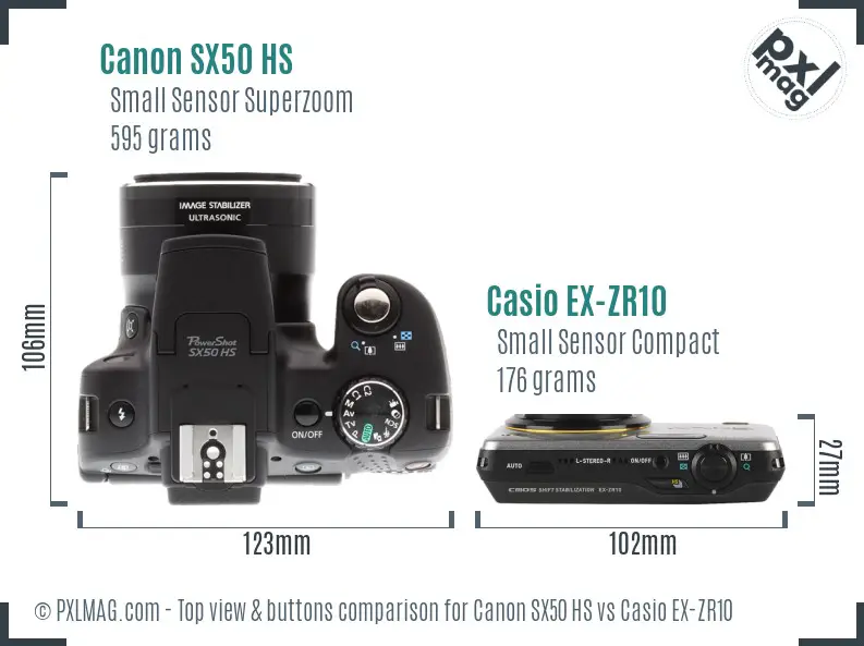 Canon SX50 HS vs Casio EX-ZR10 top view buttons comparison