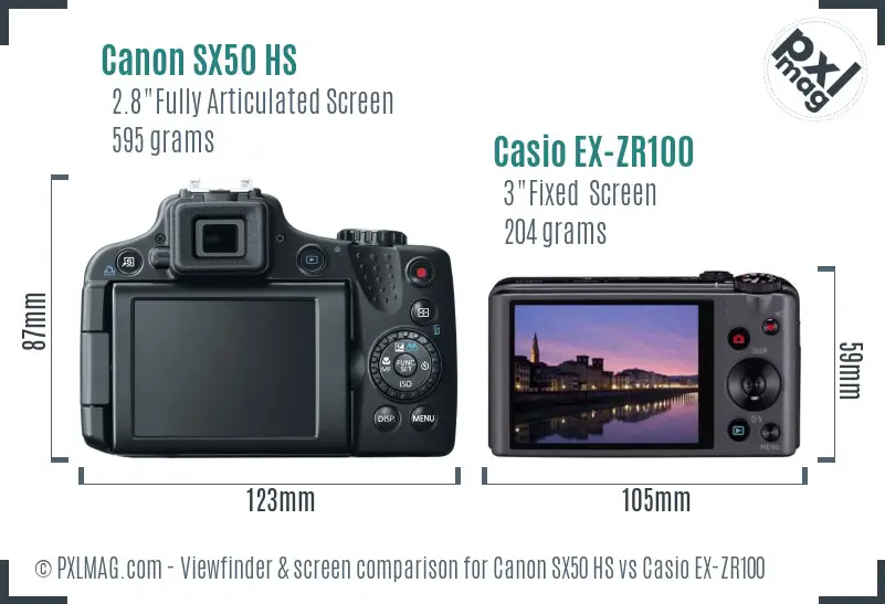 Canon SX50 HS vs Casio EX-ZR100 Screen and Viewfinder comparison