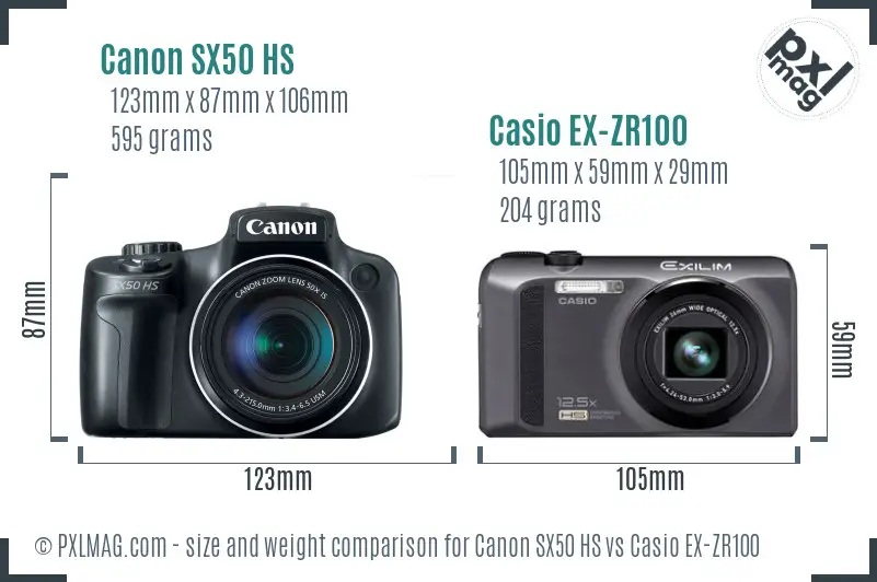 Canon SX50 HS vs Casio EX-ZR100 size comparison