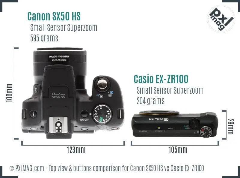 Canon SX50 HS vs Casio EX-ZR100 top view buttons comparison