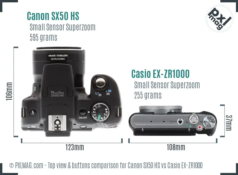 Canon SX50 HS vs Casio EX-ZR1000 top view buttons comparison