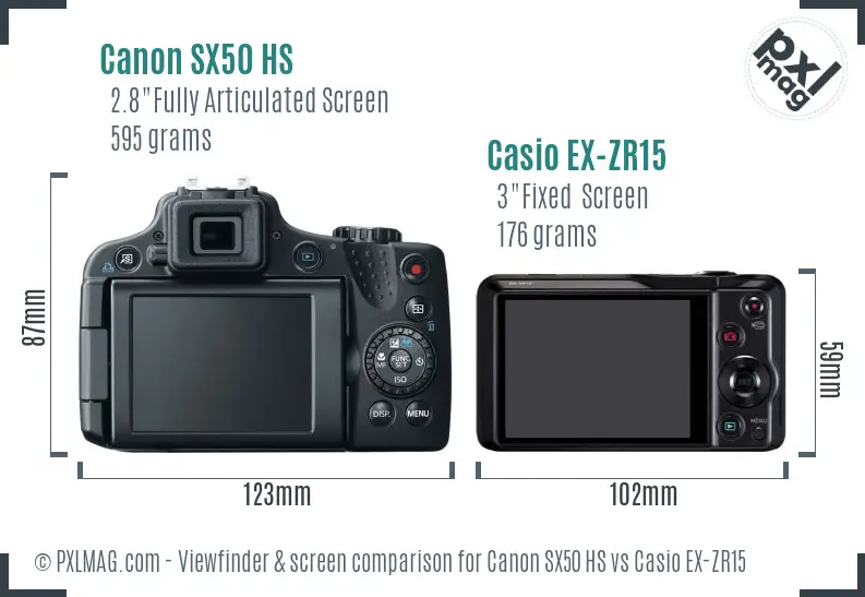 Canon SX50 HS vs Casio EX-ZR15 Screen and Viewfinder comparison