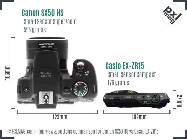 Canon SX50 HS vs Casio EX-ZR15 top view buttons comparison