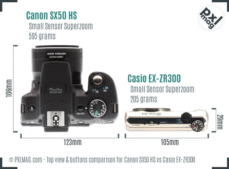 Canon SX50 HS vs Casio EX-ZR300 top view buttons comparison
