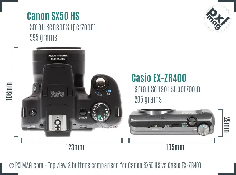 Canon SX50 HS vs Casio EX-ZR400 top view buttons comparison