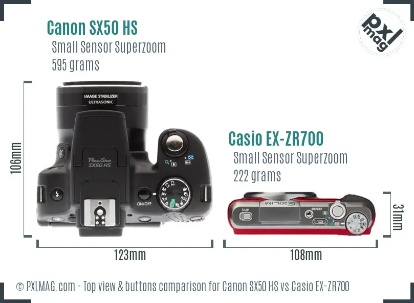 Canon SX50 HS vs Casio EX-ZR700 top view buttons comparison