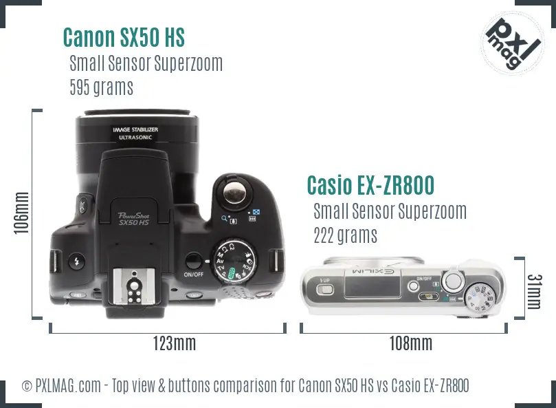 Canon SX50 HS vs Casio EX-ZR800 top view buttons comparison Canon SX50 HS vs Casio EX-ZR800 top view buttons comparison