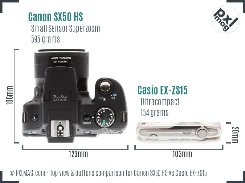 Canon SX50 HS vs Casio EX-ZS15 top view buttons comparison