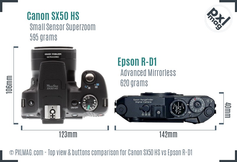 Canon SX50 HS vs Epson R-D1 top view buttons comparison