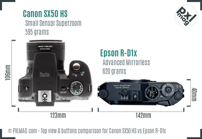 Canon SX50 HS vs Epson R-D1x top view buttons comparison