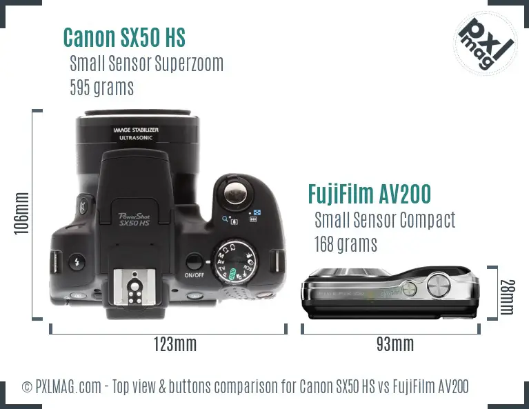 Canon SX50 HS vs FujiFilm AV200 top view buttons comparison