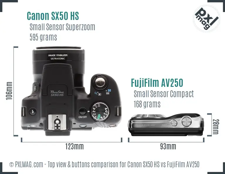 Canon SX50 HS vs FujiFilm AV250 top view buttons comparison