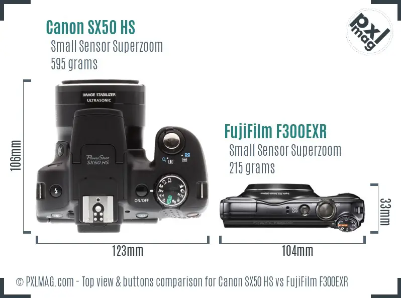 Canon SX50 HS vs FujiFilm F300EXR top view buttons comparison