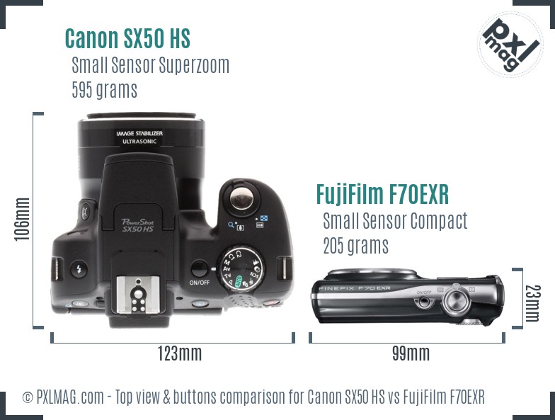 Canon SX50 HS vs FujiFilm F70EXR top view buttons comparison