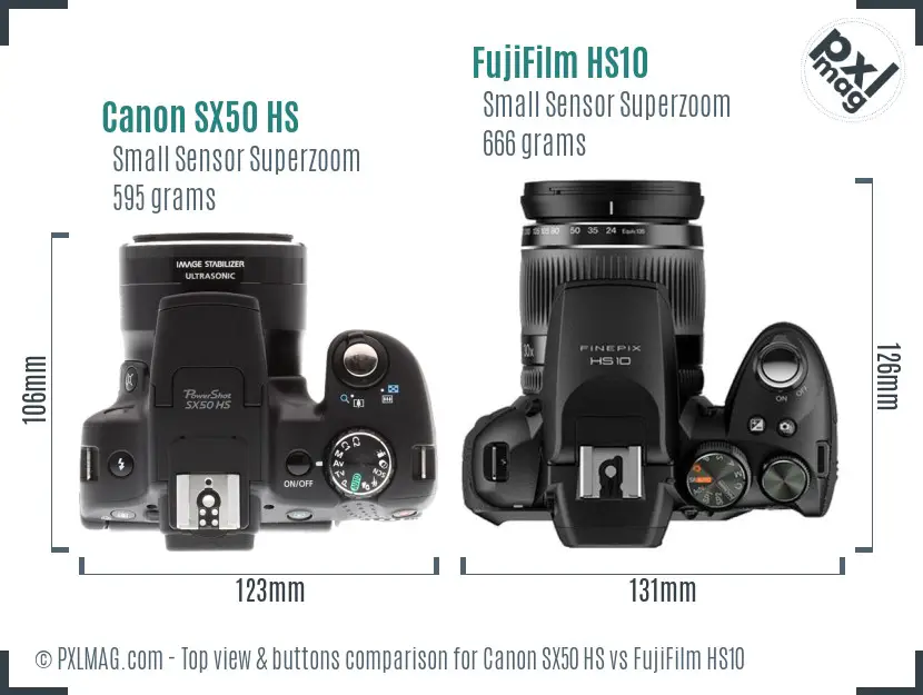 Canon SX50 HS vs FujiFilm HS10 top view buttons comparison