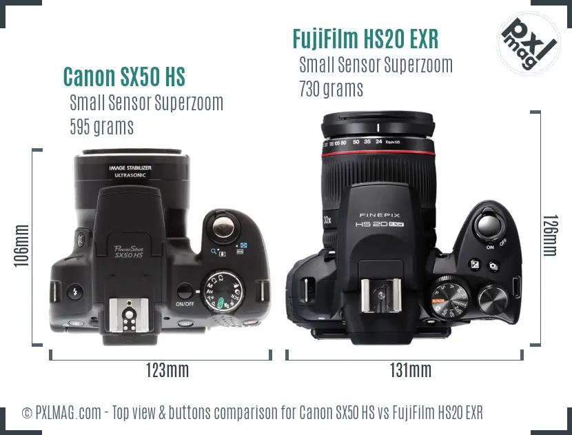 Canon SX50 HS vs FujiFilm HS20 EXR top view buttons comparison