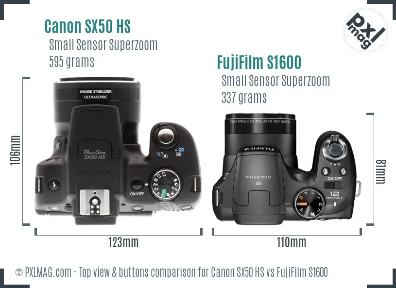 Canon SX50 HS vs FujiFilm S1600 top view buttons comparison