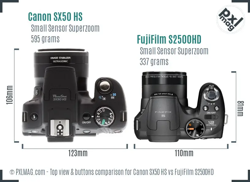 Canon SX50 HS vs FujiFilm S2500HD top view buttons comparison
