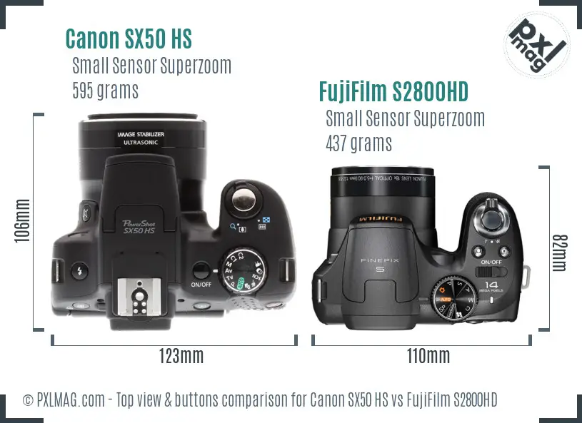 Canon SX50 HS vs FujiFilm S2800HD top view buttons comparison