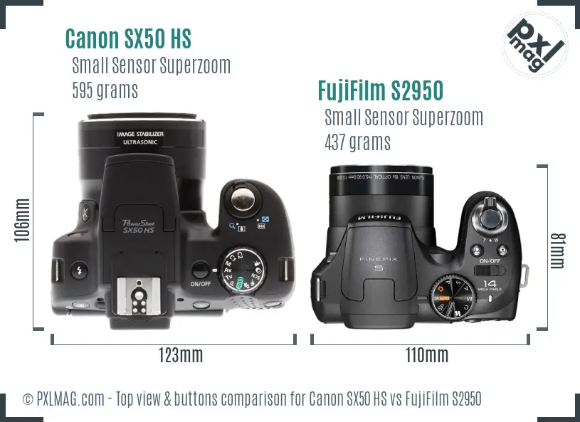 Canon SX50 HS vs FujiFilm S2950 top view buttons comparison