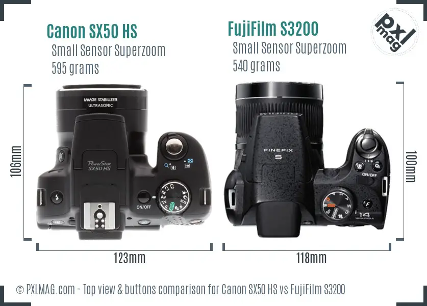 Canon SX50 HS vs FujiFilm S3200 top view buttons comparison